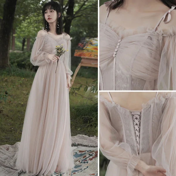 Modest / Simple Blushing Pink Bridesmaid Dresses 2021 A-Line / Princess Scoop Neck Short Sleeve Backless Floor-Length / Long Wedding Party Dresses