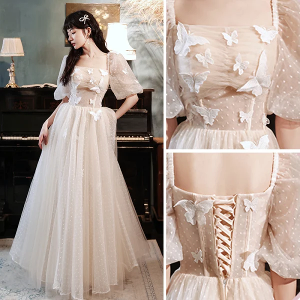 Modest / Simple Champagne Bridesmaid Dresses 2021 A-Line / Princess Scoop Neck Butterfly Lace Flower Short Sleeve Backless Floor-Length / Long Wedding Party Dresses