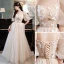 Modest / Simple Champagne Bridesmaid Dresses 2021 A-Line / Princess Scoop Neck Butterfly Lace Flower Short Sleeve Backless Floor-Length / Long Wedding Party Dresses