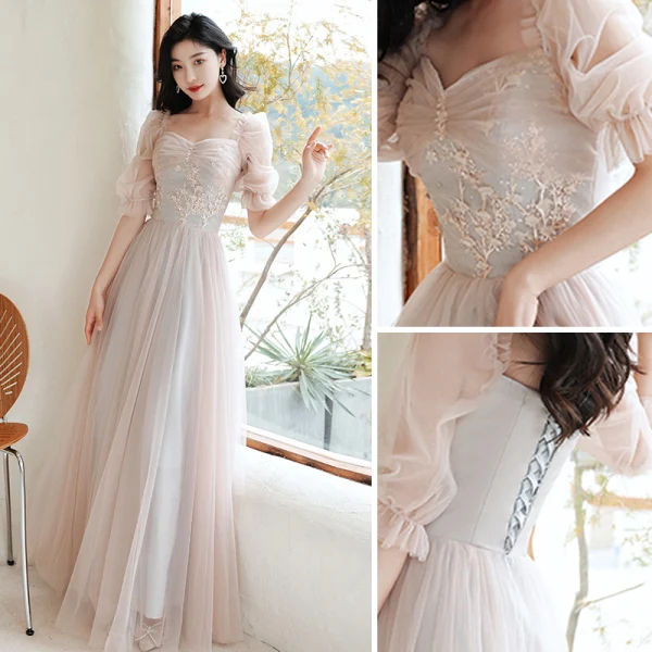 Fashion Blushing Pink Bridesmaid Dresses 2021 A-Line / Princess Scoop Neck Lace Flower Appliques 3/4 Sleeve Backless Floor-Length / Long Wedding Party Dresses