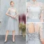 Chinese style Grey Embroidered Bridesmaid Dresses 2021 A-Line / Princess High Neck Short Sleeve Backless Tea-length Bridesmaid Wedding Party Dresses