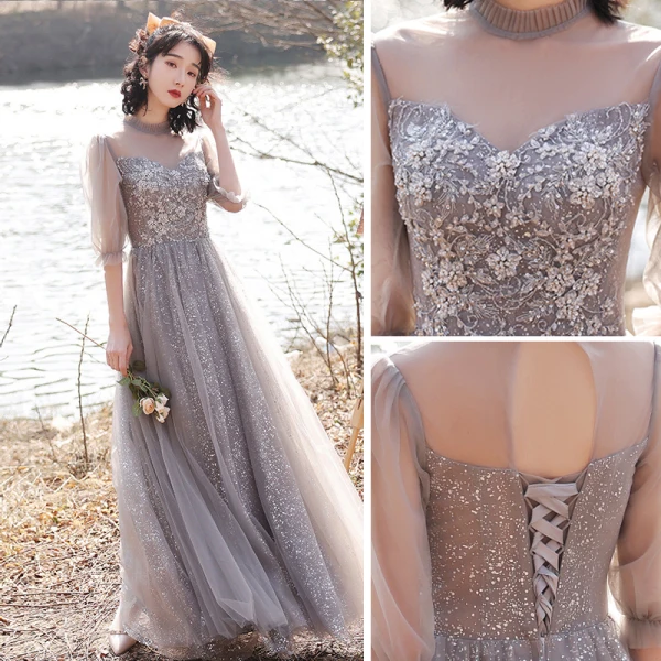 Fashion Grey Bridesmaid Dresses 2021 A-Line / Princess Scoop Neck Beading Rhinestone Sequins Lace Flower Short Sleeve Backless Floor-Length / Long Bridesmaid Wedding Party Dresses