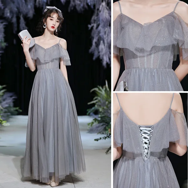 Modest / Simple Grey Bridesmaid Dresses 2021 A-Line / Princess Glitter Spaghetti Straps Short Sleeve Backless Floor-Length / Long Bridesmaid Wedding Party Dresses