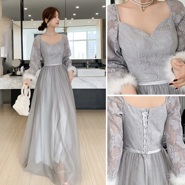 Simple Gris Robe Demoiselle D'honneur Bretelles croisées 2021 Princesse Encolure Carrée En Dentelle Fleur Ceinture 3/4 Manches Dos Nu Longue Demoiselle D'honneur Robe Pour Mariage