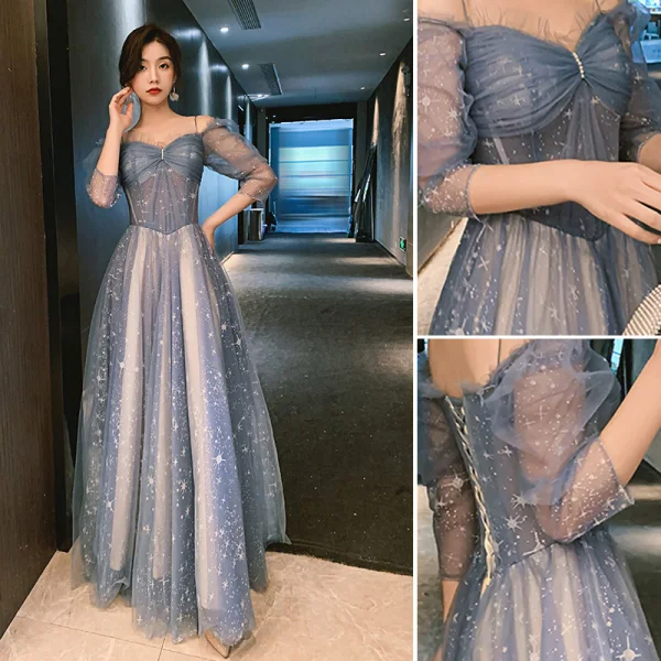 Charming Sky Blue Star Bridesmaid Dresses 2021 A-Line / Princess Spaghetti Straps Lace Sleeveless Backless Floor-Length / Long Bridesmaid Wedding Party Dresses