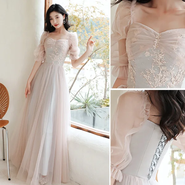 Mode Perle Rose Robe Demoiselle D'honneur 2021 Princesse Encolure Dégagée En Dentelle Fleur Appliques 3/4 Manches Dos Nu Longue Robe Pour Mariage