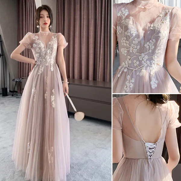 Fashion Blushing Pink Lace Flower Bridesmaid Dresses 2021 A-Line / Princess Spaghetti Straps Short Sleeve Backless Floor-Length / Long Bridesmaid Wedding Party Dresses