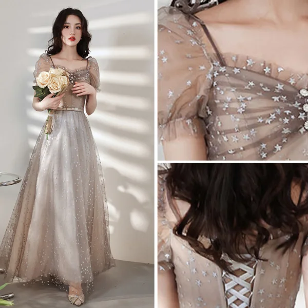 Elegant Grey Lace Star Bridesmaid Dresses 2021 A-Line / Princess Square Neckline Bow Short Sleeve Backless Floor-Length / Long Bridesmaid Wedding Party Dresses