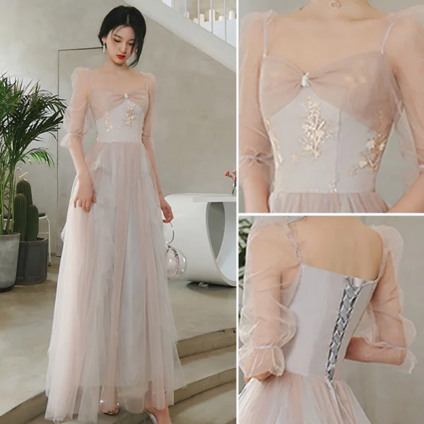 Modern / Fashion Blushing Pink Lace Flower Bridesmaid Dresses 2021 A-Line / Princess Scoop Neck Short Sleeve Backless Floor-Length / Long Bridesmaid Wedding Party Dresses
