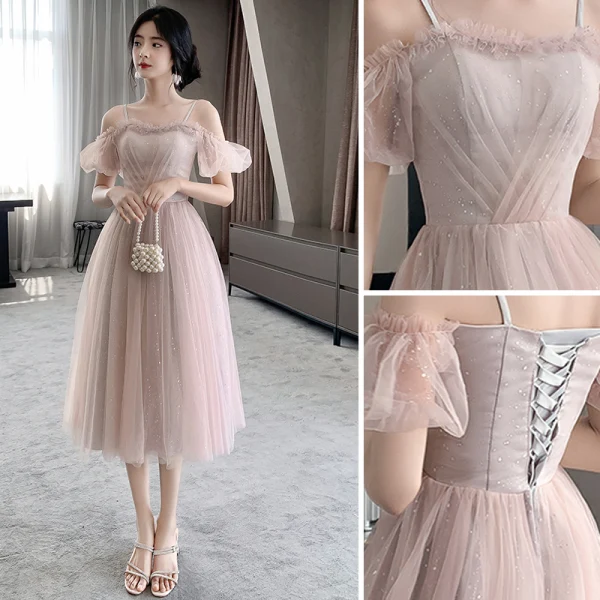 Chic / Beautiful Blushing Pink Bridesmaid Dresses 2021 A-Line / Princess Square Neckline Pearl Sequins Short Sleeve Backless Tea-length Bridesmaid Wedding Party Dresses
