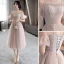 Chic / Beautiful Blushing Pink Bridesmaid Dresses 2021 A-Line / Princess Square Neckline Pearl Sequins Short Sleeve Backless Tea-length Bridesmaid Wedding Party Dresses