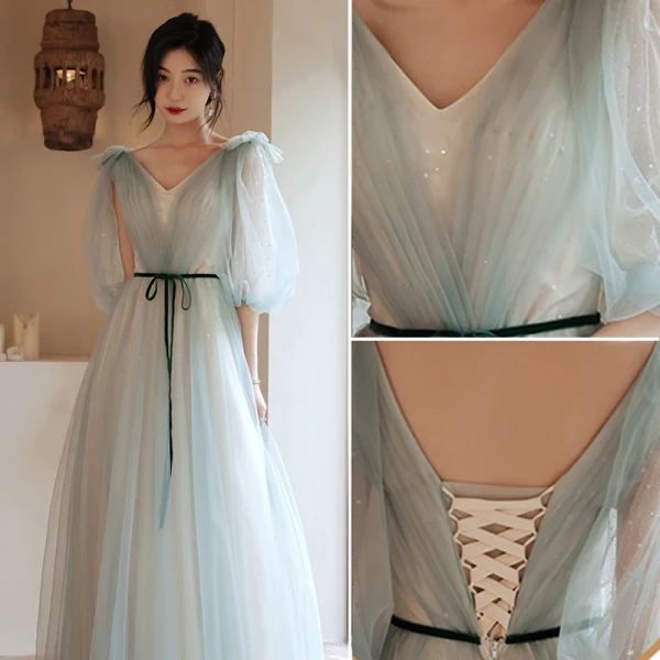 Modest / Simple Sky Blue Bridesmaid Dresses 2021 A-Line / Princess Short Sleeve Backless Bow Sash Floor-Length / Long Bridesmaid Wedding Party Dresses