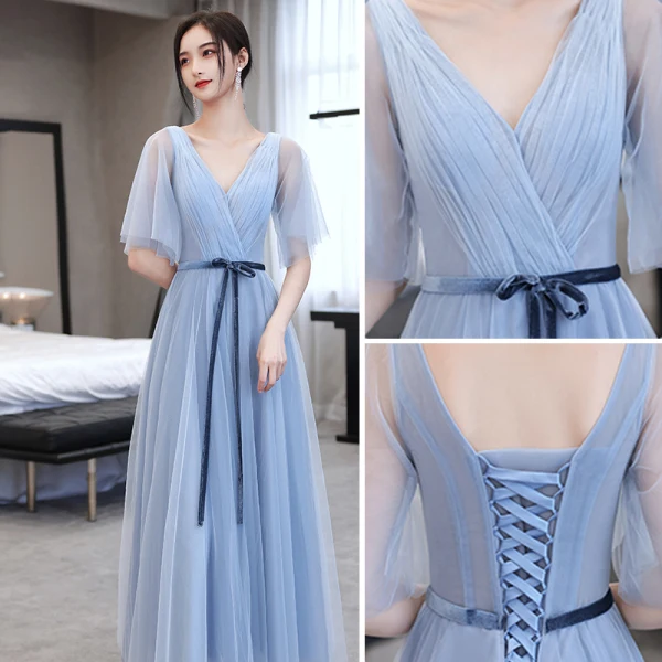 Modest / Simple Sky Blue Bow Sash Bridesmaid Dresses 2021 A-Line / Princess Short Sleeve Backless Floor-Length / Long Wedding Party Dresses