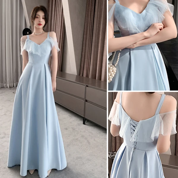 Modest / Simple Sky Blue Satin Bridesmaid Dresses 2021 A-Line / Princess Off-The-Shoulder Short Sleeve Backless Floor-Length / Long Bridesmaid Wedding Party Dresses