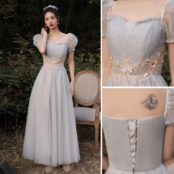 Chic / Beautiful Grey Bridesmaid Dresses 2021 A-Line / Princess Scoop Neck Lace Flower 1/2 Sleeves Backless Floor-Length / Long Bridesmaid Wedding Party Dresses
