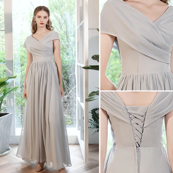 Modest / Simple Grey Graduation Dresses 2021 A-Line / Princess Scoop Neck Backless Floor-Length / Long Bridesmaid Short Sleeve Formal Dresses