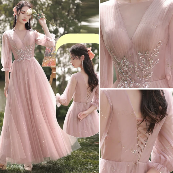 Chic / Beautiful Blushing Pink Bridesmaid Dresses 2021 A-Line / Princess Scoop Neck Beading Rhinestone Sequins Short Sleeve Backless Floor-Length / Long Bridesmaid Wedding Party Dresses