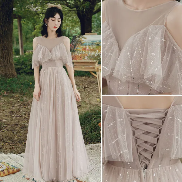 Modest / Simple Dusky Pink Sequins Bridesmaid Dresses 2021 A-Line / Princess Short Sleeve Backless Floor-Length / Long Wedding Party Dresses