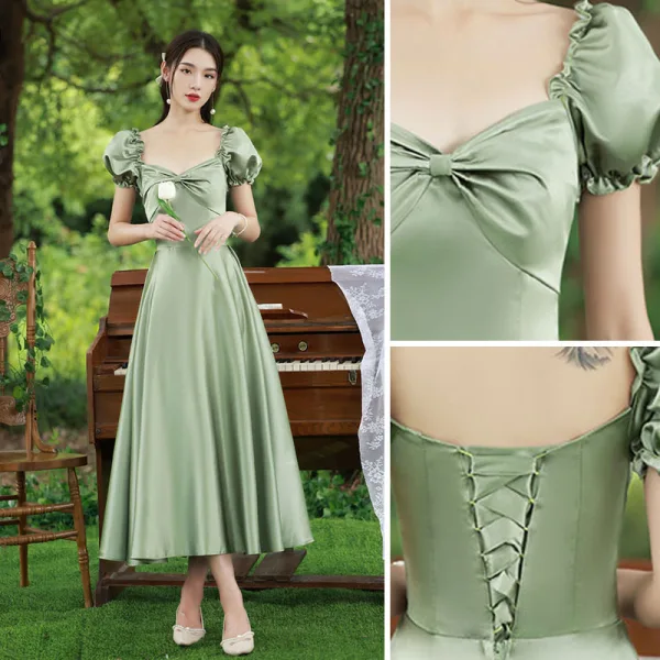 Modest Simple Olive Green Satin Bridesmaid Dresses 2021 A-Line Princess Short Sleeve Modest Simple Olive Green Satin Bridesmaid Dresses 2021 A-Line Princess Short Sleeve