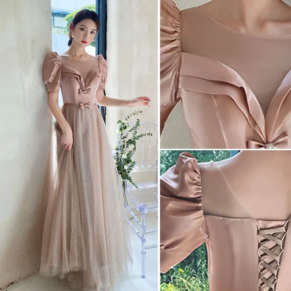 Chic / Beautiful Blushing Pink Bridesmaid Dresses 2021 A-Line / Princess Bow Sash Rhinestone Short Sleeve Backless Floor-Length / Long Wedding Party Dresses