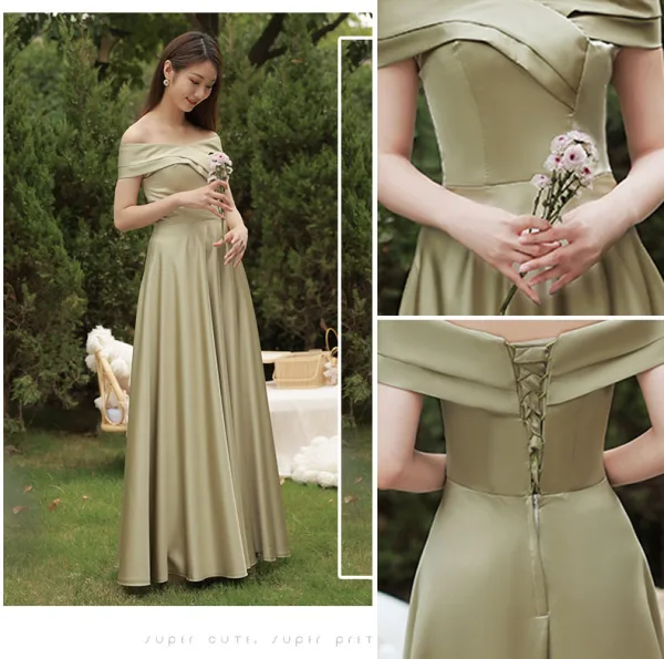 Modest Simple Olive Green Satin Bridesmaid Dresses 2021 A-Line Princess Short Sleeve