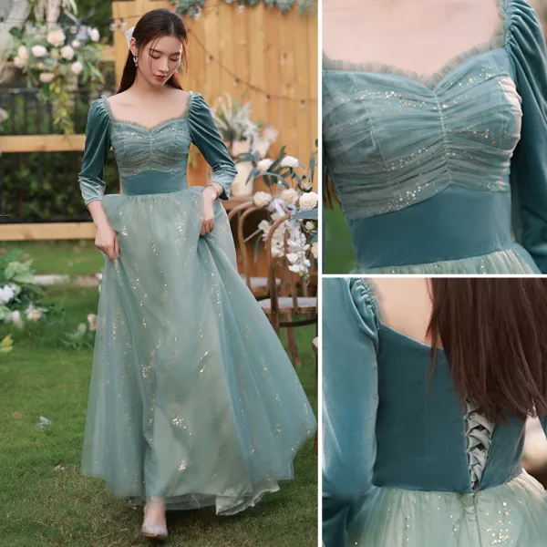 Modest Simple Jade Green Suede Bridesmaid Dresses 2022 A-Line Princess Short Sleeve Long Modest Simple Jade Green Suede Bridesmaid Dresses 2022 A-Line Princess Short Sleeve Long