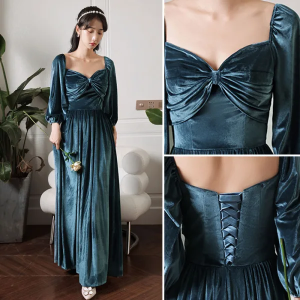 Modest / Simple Ink Blue Suede Bridesmaid Dresses 2022 A-Line / Princess V-Neck Short Sleeve Backless Floor-Length / Long Wedding Party Dresses