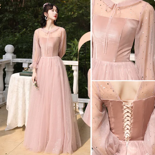 Chic / Beautiful Dusky Pink Suede Bridesmaid Dresses 2022 A-Line / Princess Pearl Sequins Long Sleeve Backless Floor-Length / Long Wedding Party Dresses