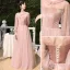 Chic / Beautiful Dusky Pink Suede Bridesmaid Dresses 2022 A-Line / Princess Pearl Sequins Long Sleeve Backless Floor-Length / Long Wedding Party Dresses