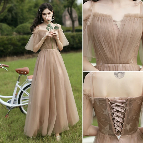 Simple Champagne Robe Demoiselle D'honneur 2021 Princesse Encolure Dégagée Manches Courtes Dos Nu Longue Robe Pour Mariage