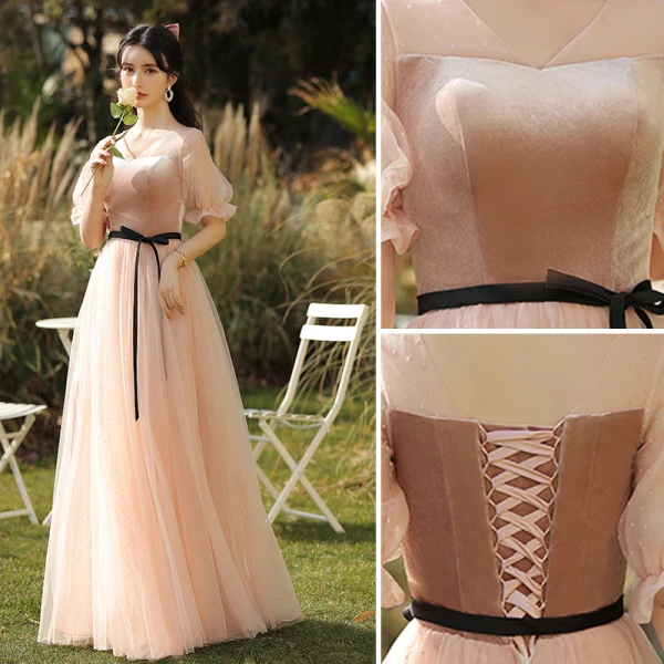 Elegant Pearl Pink Suede Bridesmaid Dresses 2021 A-Line / Princess V-Neck Short Sleeve Backless Floor-Length / Long Wedding Party Dresses
