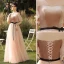 Elegant Pearl Pink Suede Bridesmaid Dresses 2021 A-Line / Princess V-Neck Short Sleeve Backless Floor-Length / Long Wedding Party Dresses