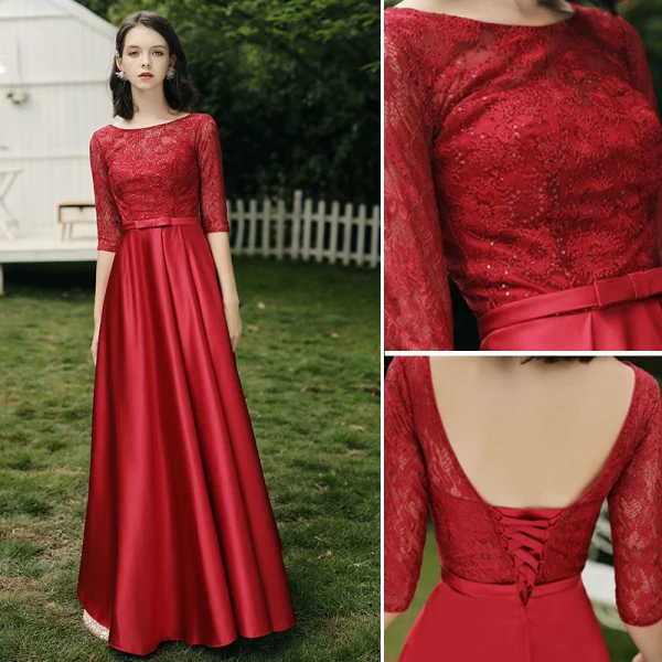 Modest / Simple Red Satin Bridesmaid Dresses 2021 A-Line / Princess Scoop Neck Bow Lace Flower 1/2 Sleeves Backless Floor-Length / Long Wedding Party Dresses