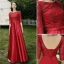 Modest / Simple Red Satin Bridesmaid Dresses 2021 A-Line / Princess Scoop Neck Bow Lace Flower 1/2 Sleeves Backless Floor-Length / Long Wedding Party Dresses