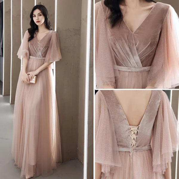 Simple Rougissant Rose Daim Robe Demoiselle D'honneur 2021 Princesse V-Cou Manches Courtes Dos Nu Longue Robe Pour Mariage