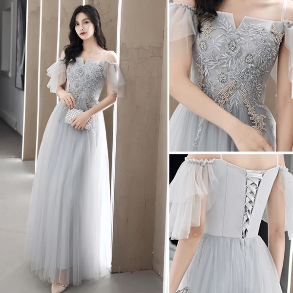 Abordable Gris Robe Demoiselle D'honneur 2018 Princesse En Dentelle Noeud Dos Nu Longueur Cheville Robe Pour Mariage