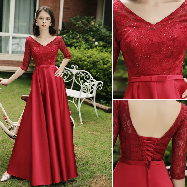 Modest / Simple Red Satin Bridesmaid Dresses 2021 A-Line / Princess Scoop Neck Bow Lace Flower 1/2 Sleeves Backless Floor-Length / Long Wedding Party Dresses