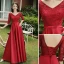 Modest / Simple Red Satin Bridesmaid Dresses 2021 A-Line / Princess Scoop Neck Bow Lace Flower 1/2 Sleeves Backless Floor-Length / Long Wedding Party Dresses