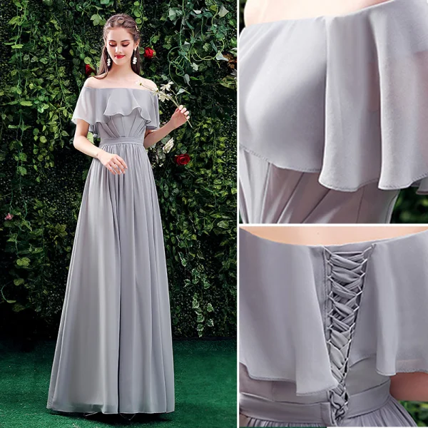 Simple Gris Robe Demoiselle D'honneur 2021 Princesse De l'épaule Manches Courtes Dos Nu Longue Robe Pour Mariage