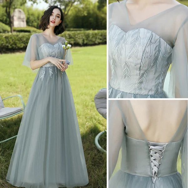 Chic / Beautiful Grey Bridesmaid Dresses 2018 A-Line / Princess Bow Sleeveless Backless Short Wedding Party Dresses