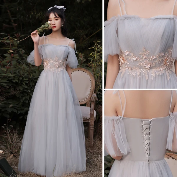 Chic / Beautiful Grey Bridesmaid Dresses 2021 A-Line / Princess Scoop Neck Lace Flower 1/2 Sleeves Backless Floor-Length / Long Bridesmaid Wedding Party Dresses