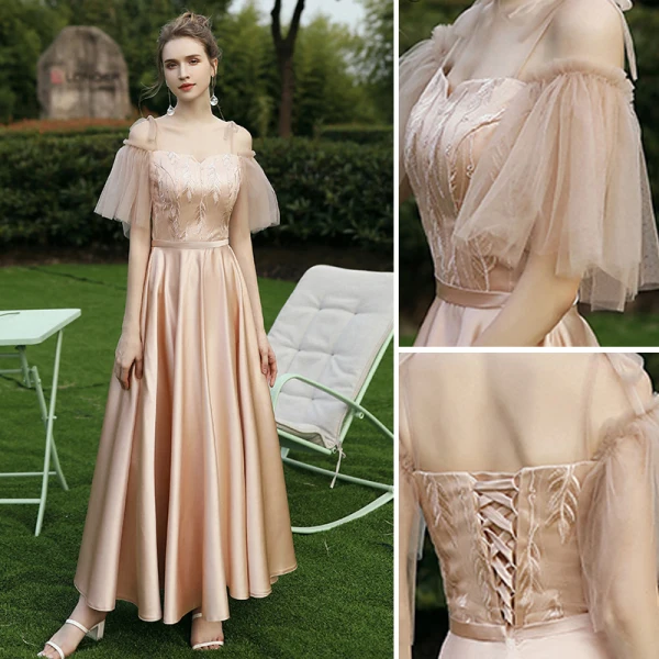 Chic / Beautiful Champagne Bridesmaid Dresses 2018 A-Line / Princess Bow Lace Sleeveless Backless Short Wedding Party Dresses