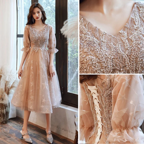Charming Champagne Beading Sequins Homecoming Graduation Dresses Prom Dresses 2021 A-Line / Princess V-Neck Star Lace 1/2 Sleeves Floor-Length / Long Formal Dresses