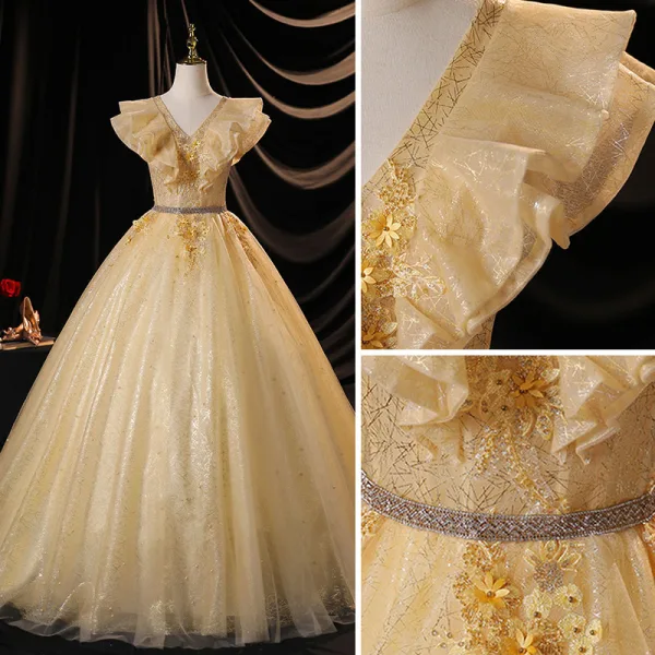 Charming Champagne Prom Dresses 2021 Ball Gown V-Neck Appliques Pearl Sequins Lace Flower Sleeveless Backless Floor-Length / Long Formal Dresses
