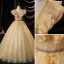 Charming Champagne Prom Dresses 2021 Ball Gown V-Neck Appliques Pearl Sequins Lace Flower Sleeveless Backless Floor-Length / Long Formal Dresses
