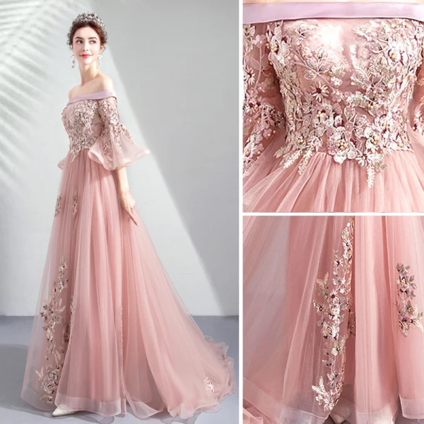 Chic Rose Bonbon Robe De Bal 2020 Princesse De l'épaule Perle Faux Diamant En Dentelle Fleur Manches de cloche Dos Nu Train De Balayage Robe De Ceremonie