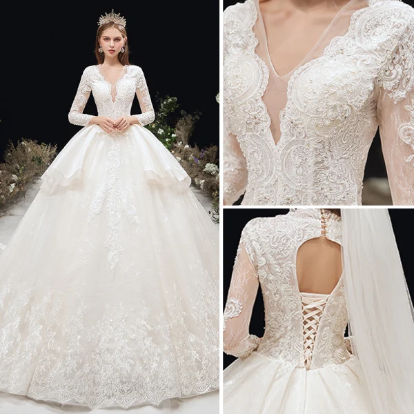 Élégant Ivoire Robe De Mariée 2020 Robe Boule Col v profond Perlage Paillettes Perle Faux Diamant En Dentelle Fleur 3/4 Manches Dos Nu Cathedral Train