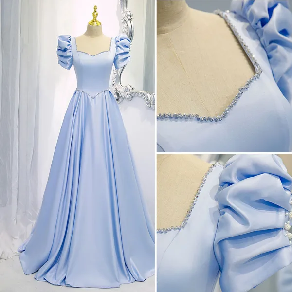 Chic / Belle Bleu Ciel Robe De Bal 2021 Princesse Encolure Carrée Perle Faux Diamant Manches Courtes Dos Nu Noeud Longue Robe De Ceremonie