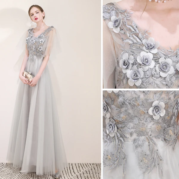 Elegant Grey Evening Dresses  2019 A-Line / Princess V-Neck Appliques Lace Flower Pearl Rhinestone Short Sleeve Backless Floor-Length / Long Formal Dresses
