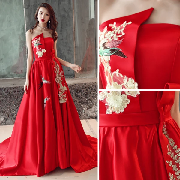 Chinese style Red Evening Dresses 2019 A-Line / Princess Strapless Appliques Lace Bow Sleeveless Backless Court Train Formal Dresses